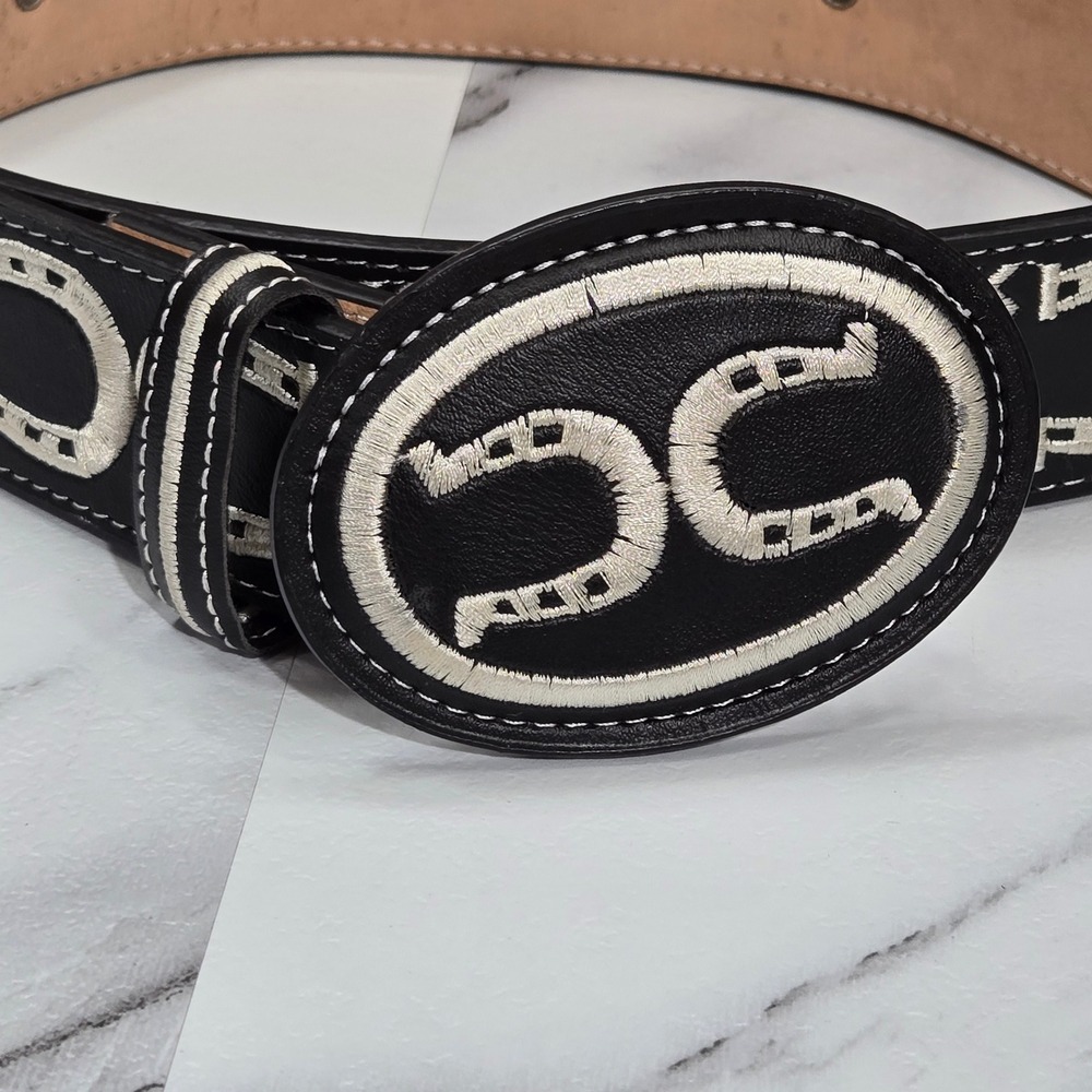 Yak Leather Silk Embroidered Western Belt Black White Horseshoe Size 44 Cowboy - Picture 2 of 5